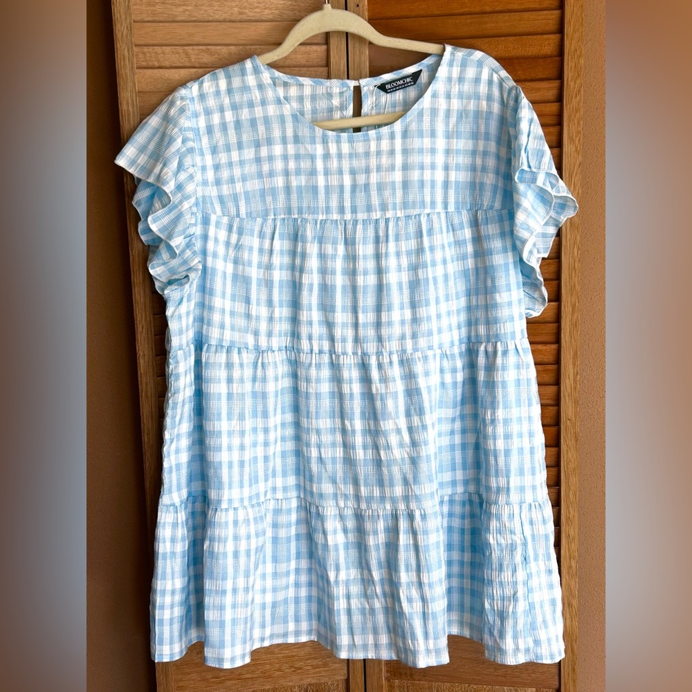 Bloomchic Womens size 18/20 2X NWT Plaid Print Textured Lotus Leaf Sleeve Shirt - Picture 3 of 7